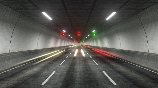Fototapeta Automobile Light trails in tunnel 3D rendering