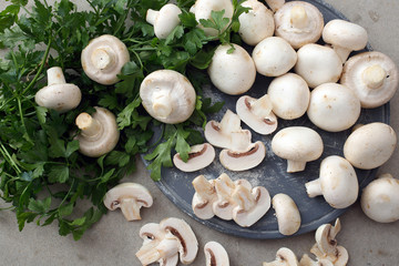funghi freschi su taglieri grigio