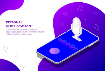 Personal Assistant and voice recognition on your smartphone isometric. Voice and sound lines. Suitable for website page, infographics, advertising, applications.