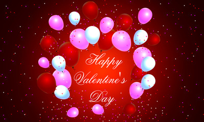 Text Happy Valentines Day with flying colorful balloons