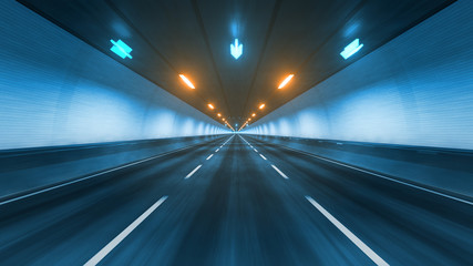 Travel through the illuminated tunnel with motion blur 3D rendering