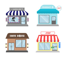 Set of modern shops, buildings, boutiques in a flat style. Barber shop, pharmacy, coffee house and store. 