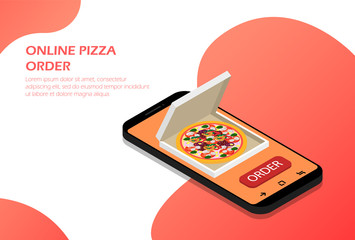 Order pizza online in your phone isometric. Suitable for website page, infographics, advertising, applications.