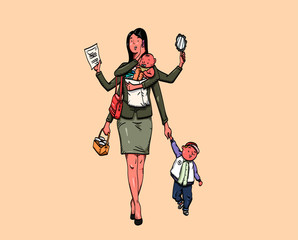 Multitask woman. working mom,  Mother, business woman with baby and children - Vector illustration