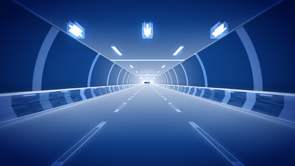 Travel through the illuminated tunnel with motion blur 3D rendering