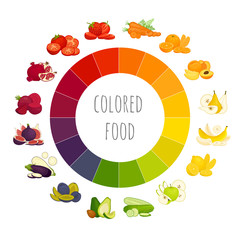Multicolored vegetables and fruits on the color wheel. Vector.