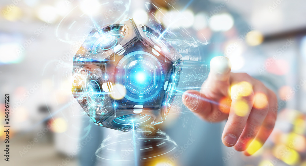 Poster businessman using futuristic drone security camera 3d rendering