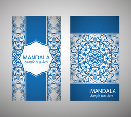 Circular frame card for congratulations for wedding invitations, Valentine's Day, birthday, holiday, gratitude, love confession. Vector blue background with mandala drawing. eps10