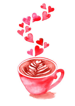 Watercolor red cup of cappuccino with hearts and heart shape latte art. Hand drawn illustration