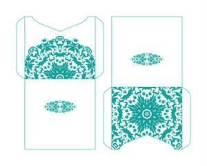Flyer laser cutting mandala.Vector paper card with lace pattern of blue, turquoise color. Wedding invitations, cards and business card templates. Decorative laser cutting cards for construction