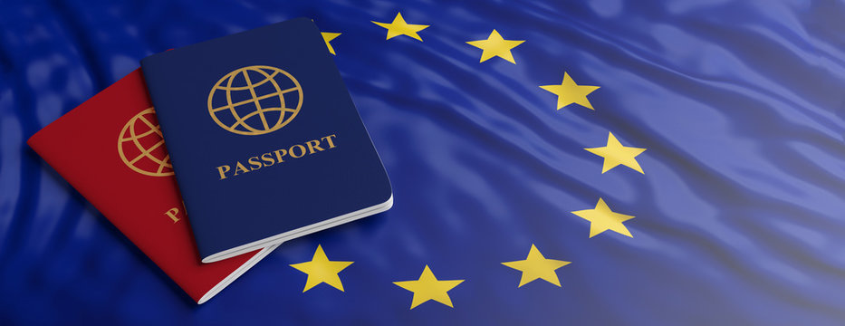 Travelling To EU. Two Passports On European Union Flag Background. 3d Illustration