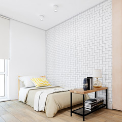 Cozy white modern bedroom interior with furniture