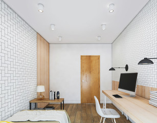 Cozy white modern bedroom interior with furniture