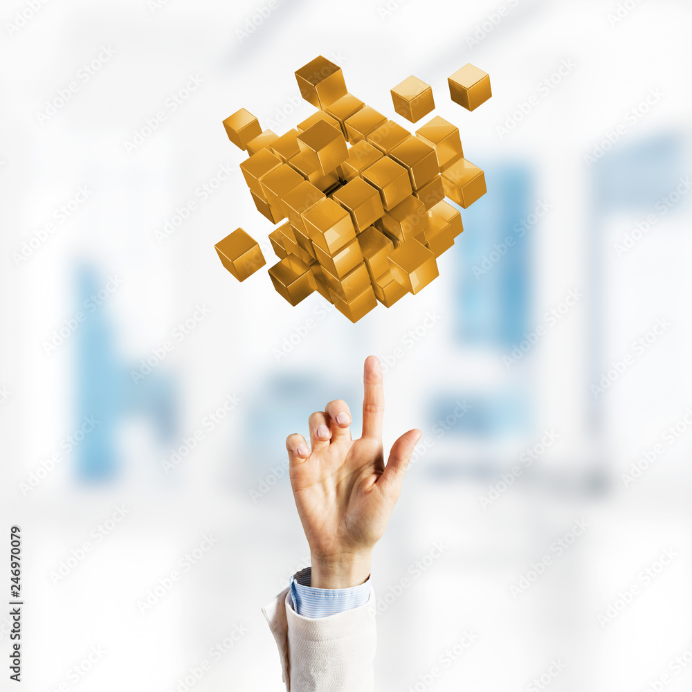 Poster concept of technology integration and innovation presented by cube figure. mixed media