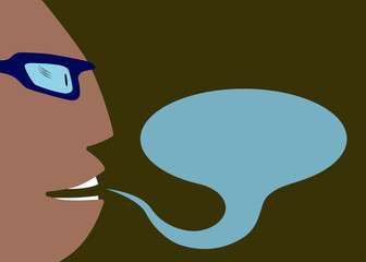 Half the man's face. seriously talking.One speech bubble . caricature of the bosses.