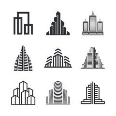 City buildings and houses. Set of icons and logo design elements for real estate agency, construction company, hotels