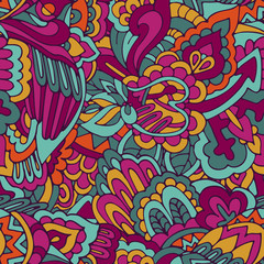 Fototapeta na wymiar colorful psychedelic vector seamless pattern with doodle elements.