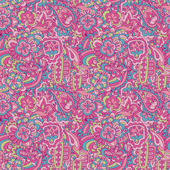 Vintage doodle and flower shapes floral motif ethnic seamless background.