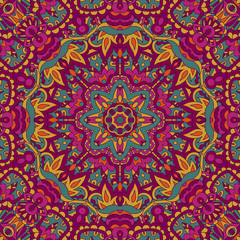 Tribal indian flower ethnic seamless design. Festive colorful mandala pattern ornament.