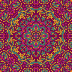 Tribal indian flower ethnic seamless design. Festive colorful mandala pattern ornament.