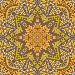 Oriental flourish ornament doodle yellow mandala vector.