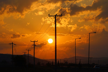 Sunrise on the motorways of central Greece near the city of Tebe