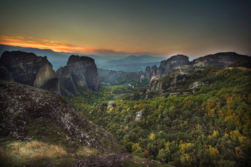 panoramic view of a Meteora valley with some of its monasteries