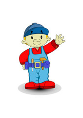 The carpenter in a robe and with a working belt smiles sweetly.