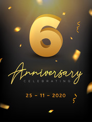 6 Years Anniversary Celebration event. Golden Vector birthday or wedding party congratulation anniversary