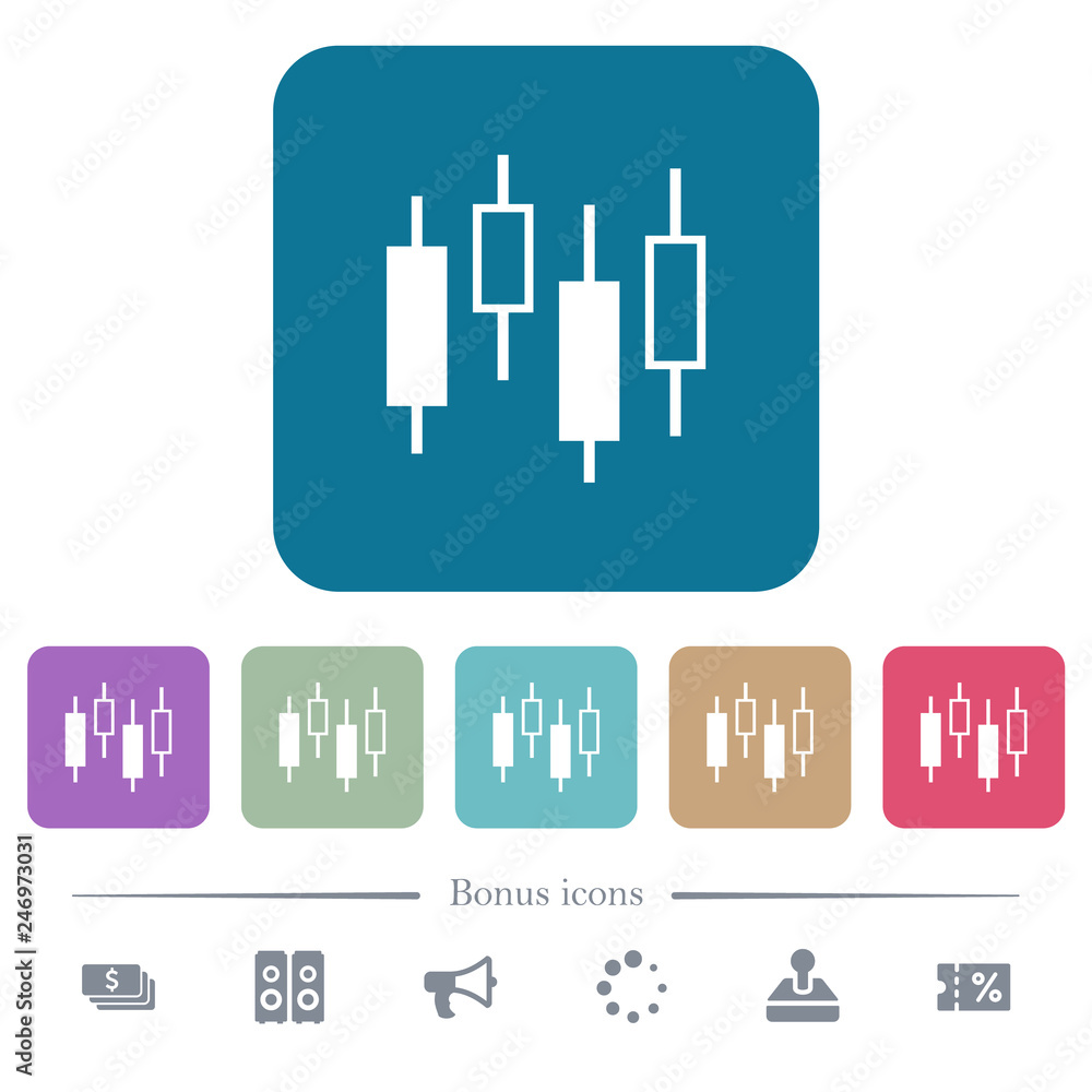 Poster candlestick chart flat icons on color rounded square backgrounds