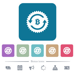 Bitcoin pay back guarantee sticker flat icons on color rounded square backgrounds