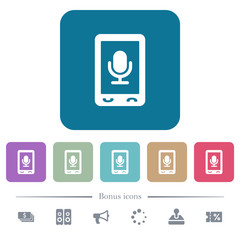 Mobile recording flat icons on color rounded square backgrounds