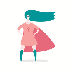 Hand drawn vector illustration of a happy woman superhero. Isolated objects on white background. Flat style design. Concept, element for feminism, womens day card, poster, banner.