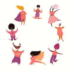 Round frame with diverse women dancing, jumping, superheroes. Isolated objects on white. Hand drawn vector illustration. Flat style design. Concept, element for feminism, girl power, womens day card.