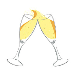 Two glasses with champagne clink glasses with a splash. New year. Vector. Isolated.