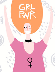 Womens day card, poster, banner, with quote Girl power and smiling woman portrait. Hand drawn vector illustration. Flat style design. Concept, element for feminism, girl power.