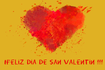 St. Valentine's day greetings postcard. Lover's day. Red watercolor heart on golden background "happy St. Valentine's day". "feliz dia de san Valentin"