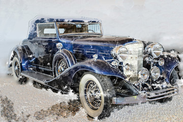 Blue retro car stylish painting. Collage with gentle background, watercolor drops effect. Auto early 20th century manufacturing. Vintage elegant car for poster, print, calendar, decoupage, t shirt
