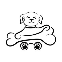 Cute dog with a big bone in a black outline on a white background. Logo, sign, symbol.