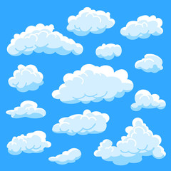 Set cartoon clouds on blue background, cloudy sky