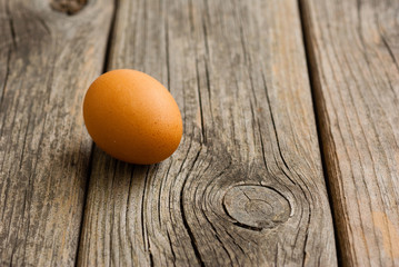 single egg on weathered wooden table
