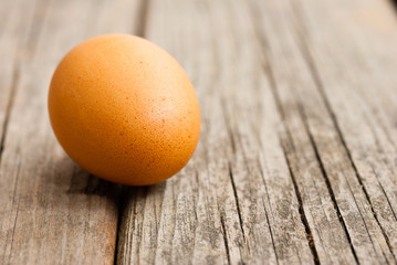single egg on weathered wooden table