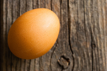 single egg on weathered wooden table