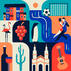 Argentina, vector flat illustration, icon set, color background. - obrazy, fototapety, plakaty