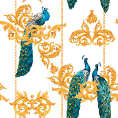 Watercolor peacock golden vector pattern