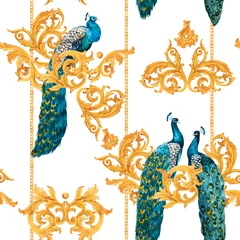 Behang Pauw Aquarel pauw gouden vector patroon