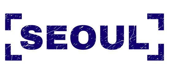 SEOUL text seal imprint with corroded texture. Text tag is placed between corners. Blue vector rubber print of SEOUL with retro texture.