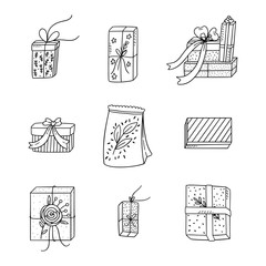 Doodle illustration of gifts, presents and cute packaging. 