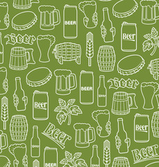 background pattern with beer icons (hops leaf, wooden barrel, glass, bottle cap, mug)