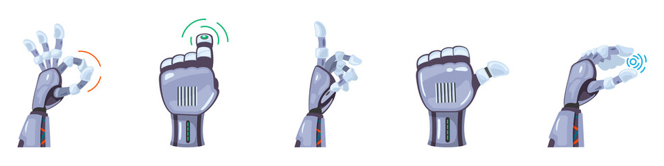 Robot hand gestures. Robotic hands. Mechanical technology machine engineering symbol. Hand gestures set. Futuristic design. Signs. Vector illustration on the white background.